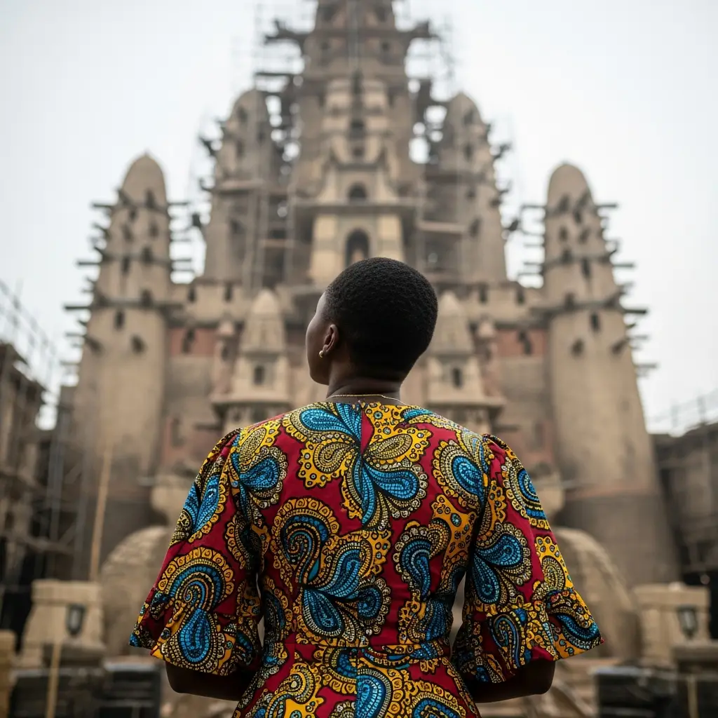 Woman in Ankara dress before large film set.