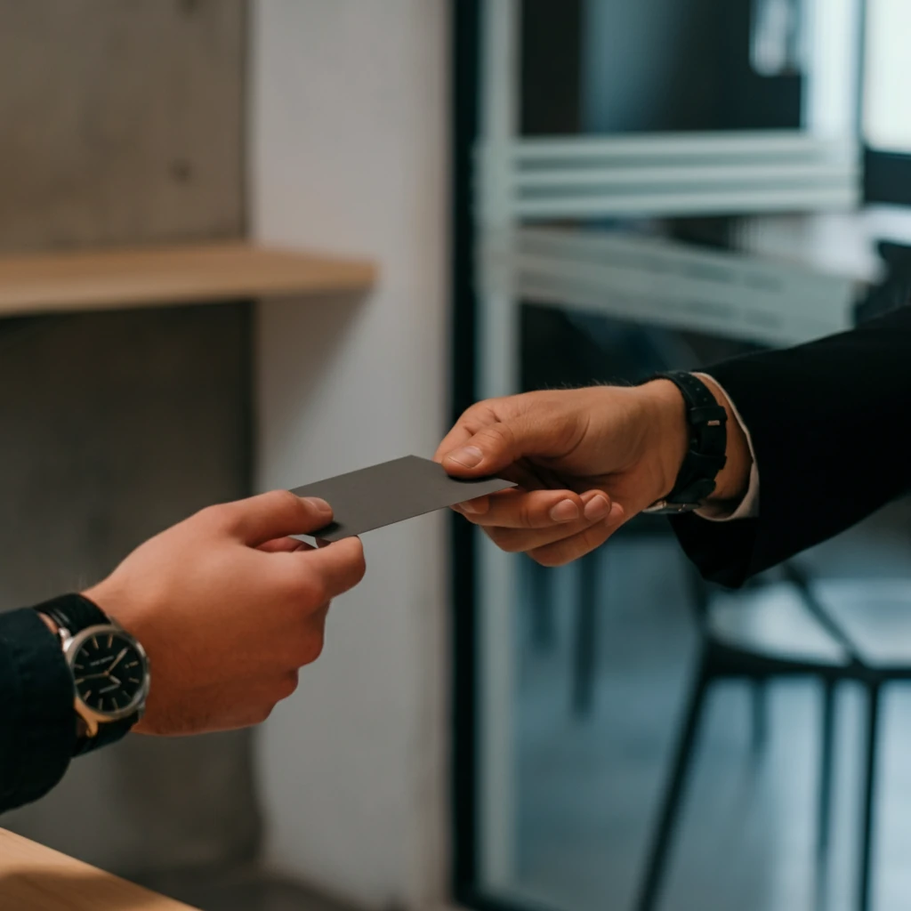Hands exchanging a business card