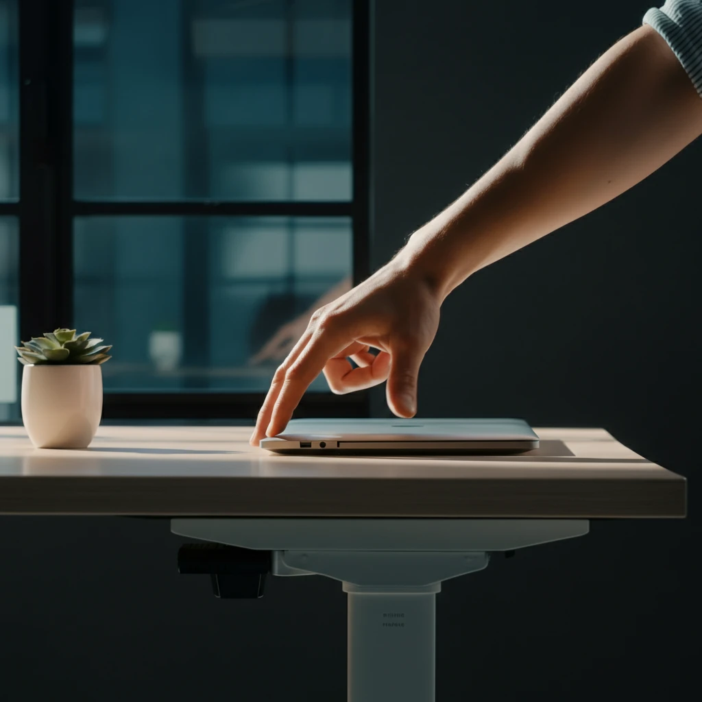 Hand reaching for a closed laptop on a desk next to a small potted plant