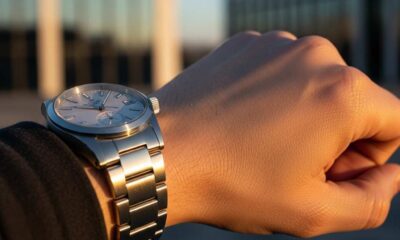 Silver wristwatch on wrist with building background