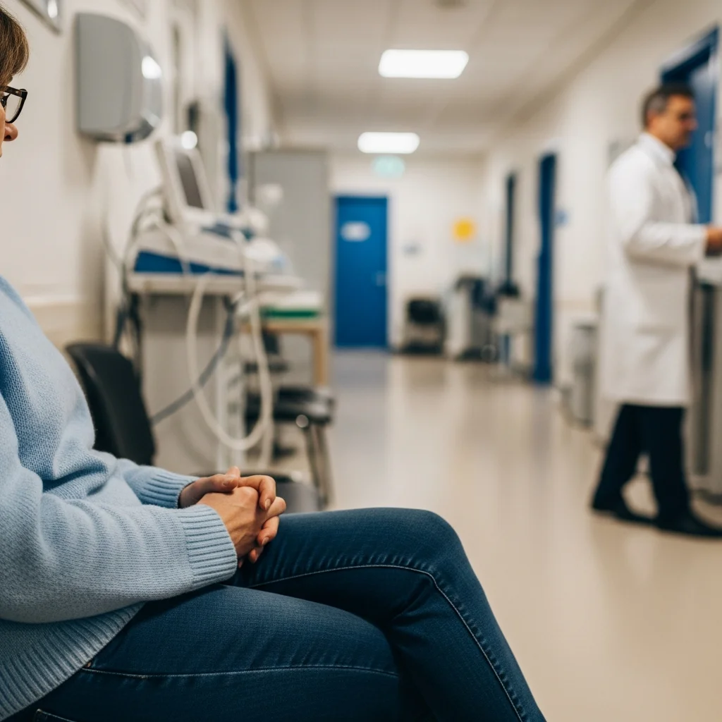 Woman in waiting room with medical background in soft focus.