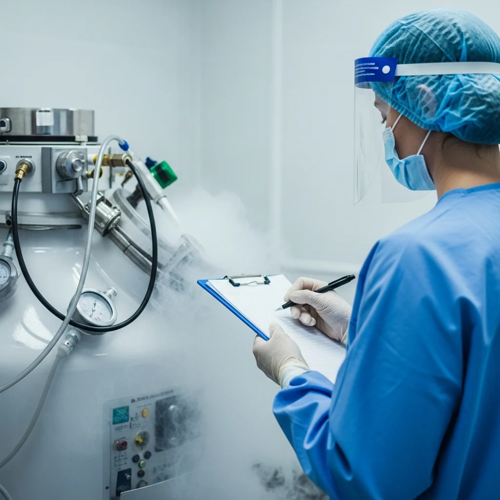 Lab tech next to cryotank.