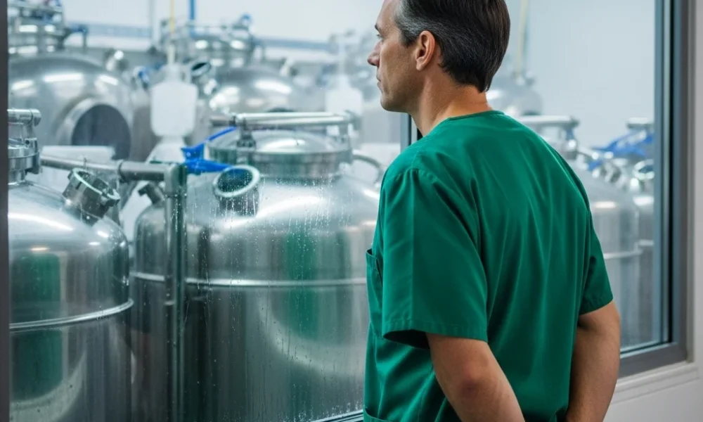 Doctor looks at cryotanks in lab.