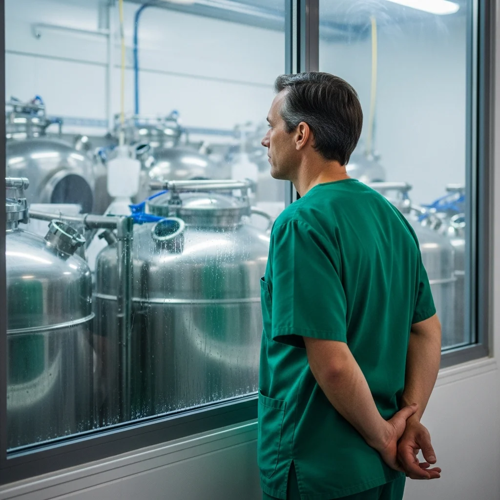 Doctor looks at cryotanks in lab.