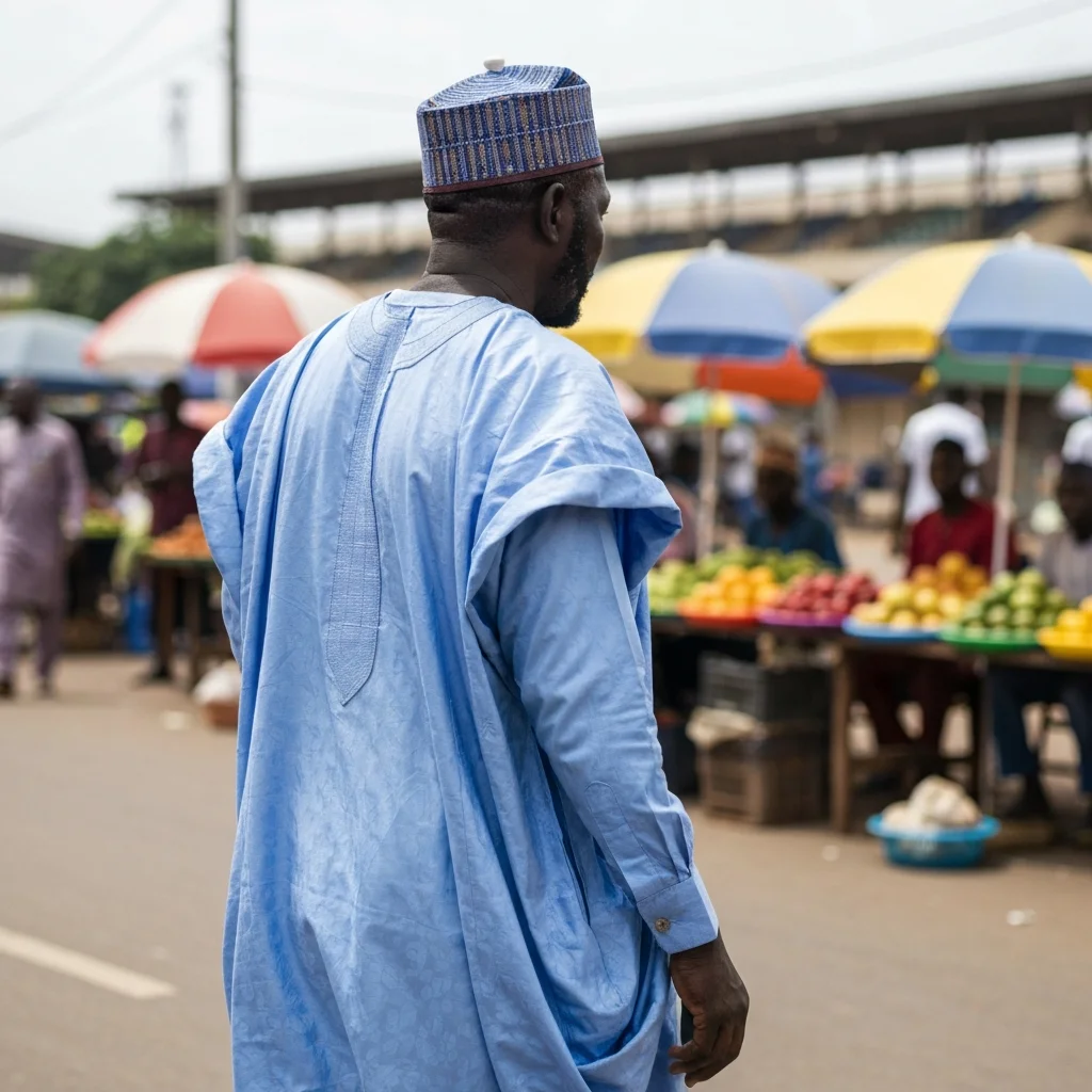 Man walks on Ibadan street. Vendors sell food.