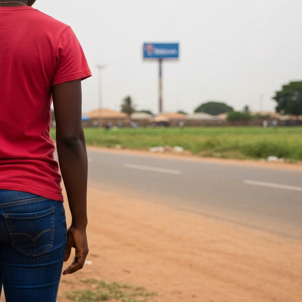 Young woman looks at field, Nigeria.
