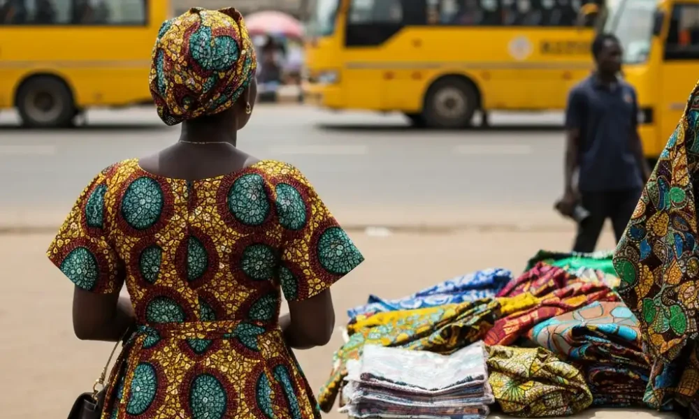 Woman at market in Nigeria looks at fabrics.