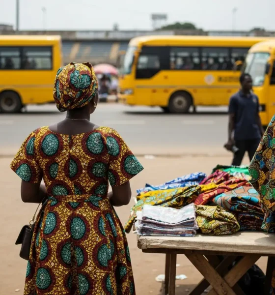 Woman at market in Nigeria looks at fabrics.
