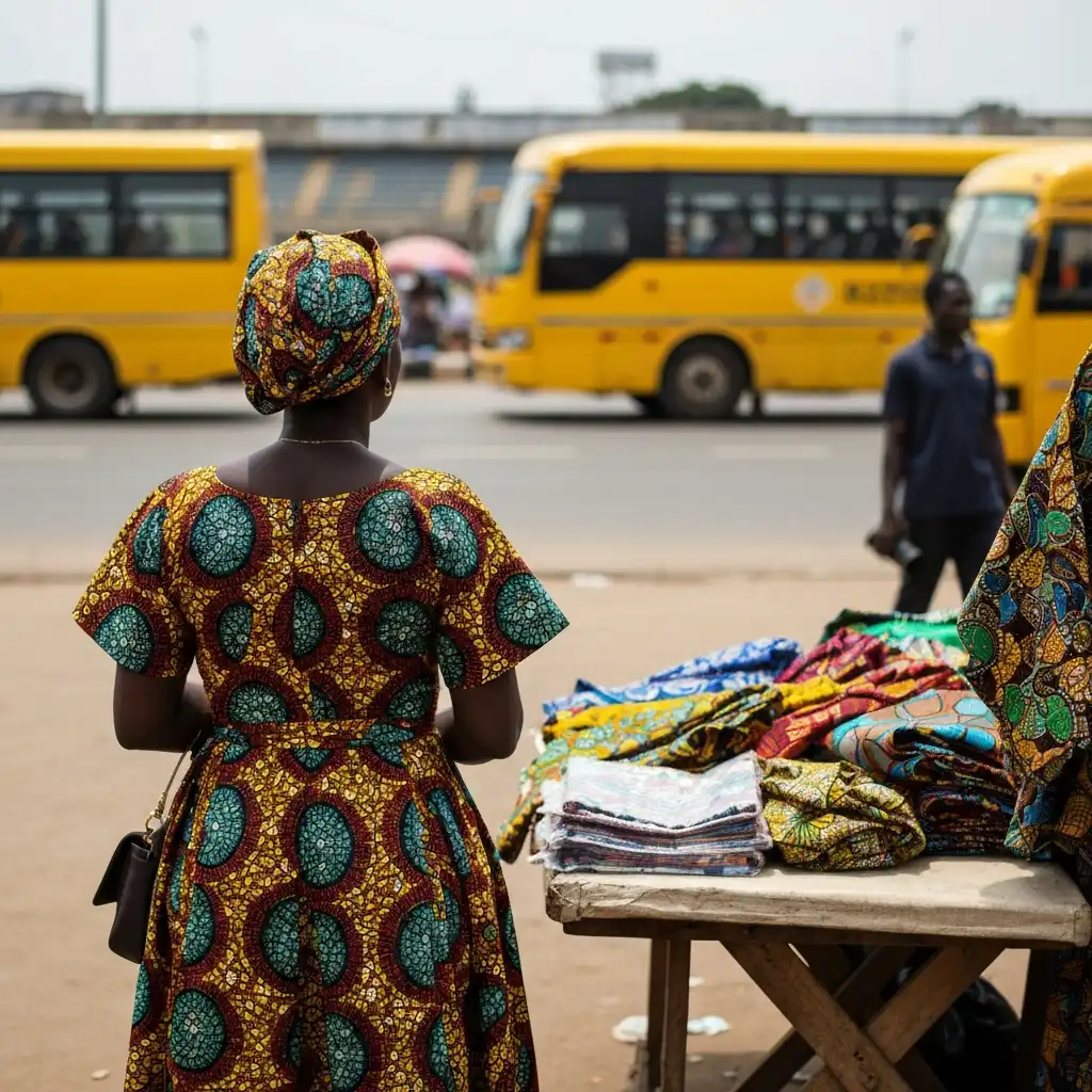 Woman at market in Nigeria looks at fabrics.