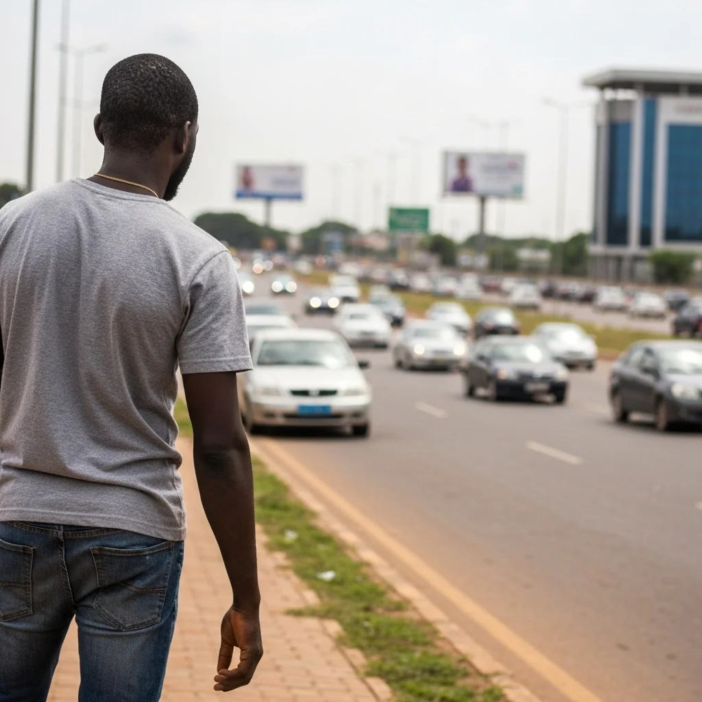 Man watches cars on road.