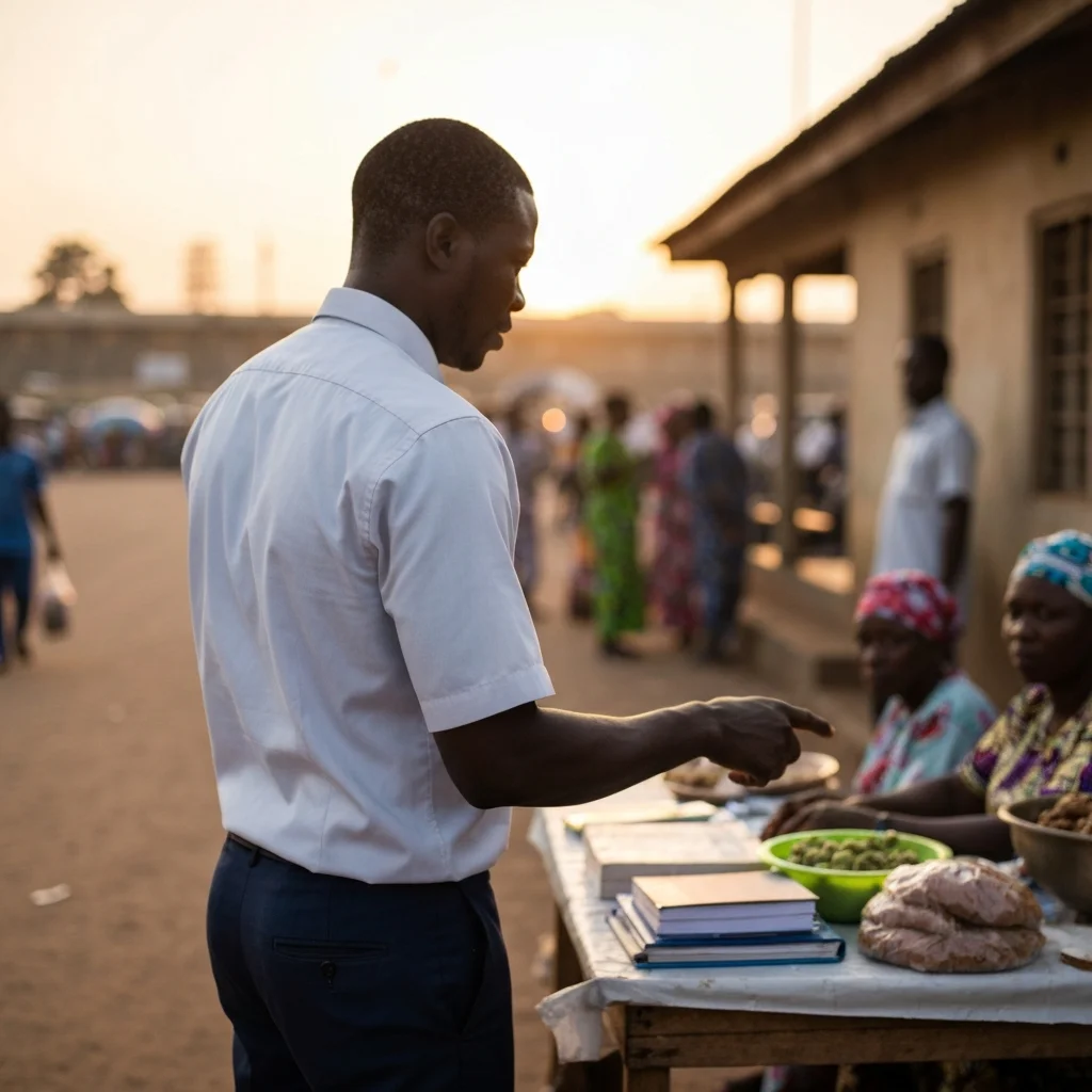 Person at vendor stand in Nigeria at sunset.