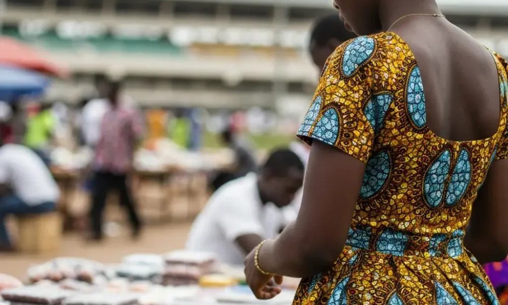 Woman at busy market stand.