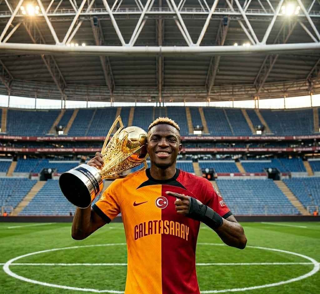 Victor Osimhen in a Galatasaray jersey (yellow and red halves) standing triumphantly on the pitch at RAMS Park in Istanbul. He is raising a large golden football trophy to the crowd. A medical brace is visible on his right forearm. In the background, thousands of blurred fans hold yellow and red flares and "ultrAslan" flags.