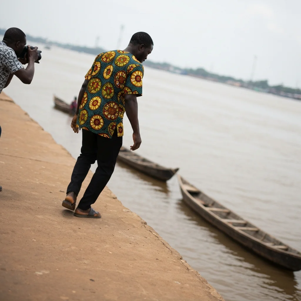 Man walks river bank. Asaba. Nigeria.