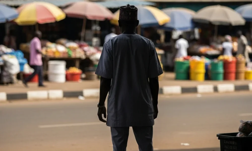 Man watches busy Warri market.