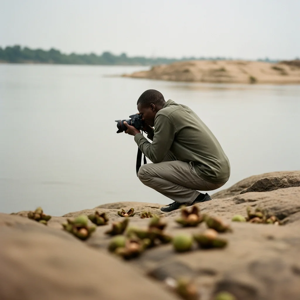Photographer kneels by river, confluence blurred behind him.