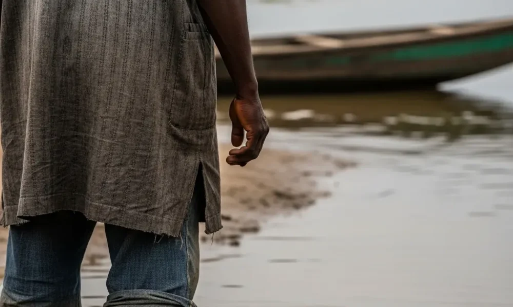 Fisherman stands at the river's edge near the stark divide.