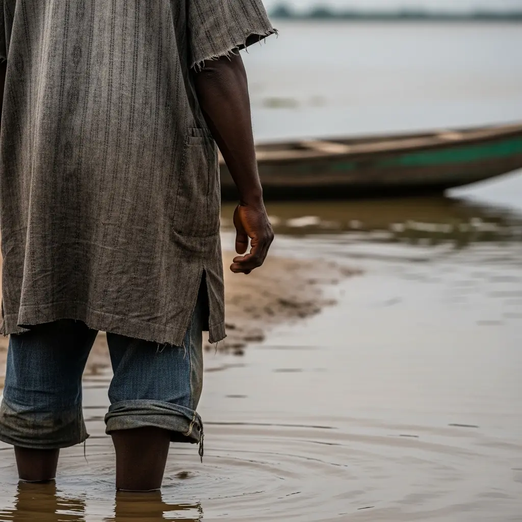 Fisherman stands at the river's edge near the stark divide.