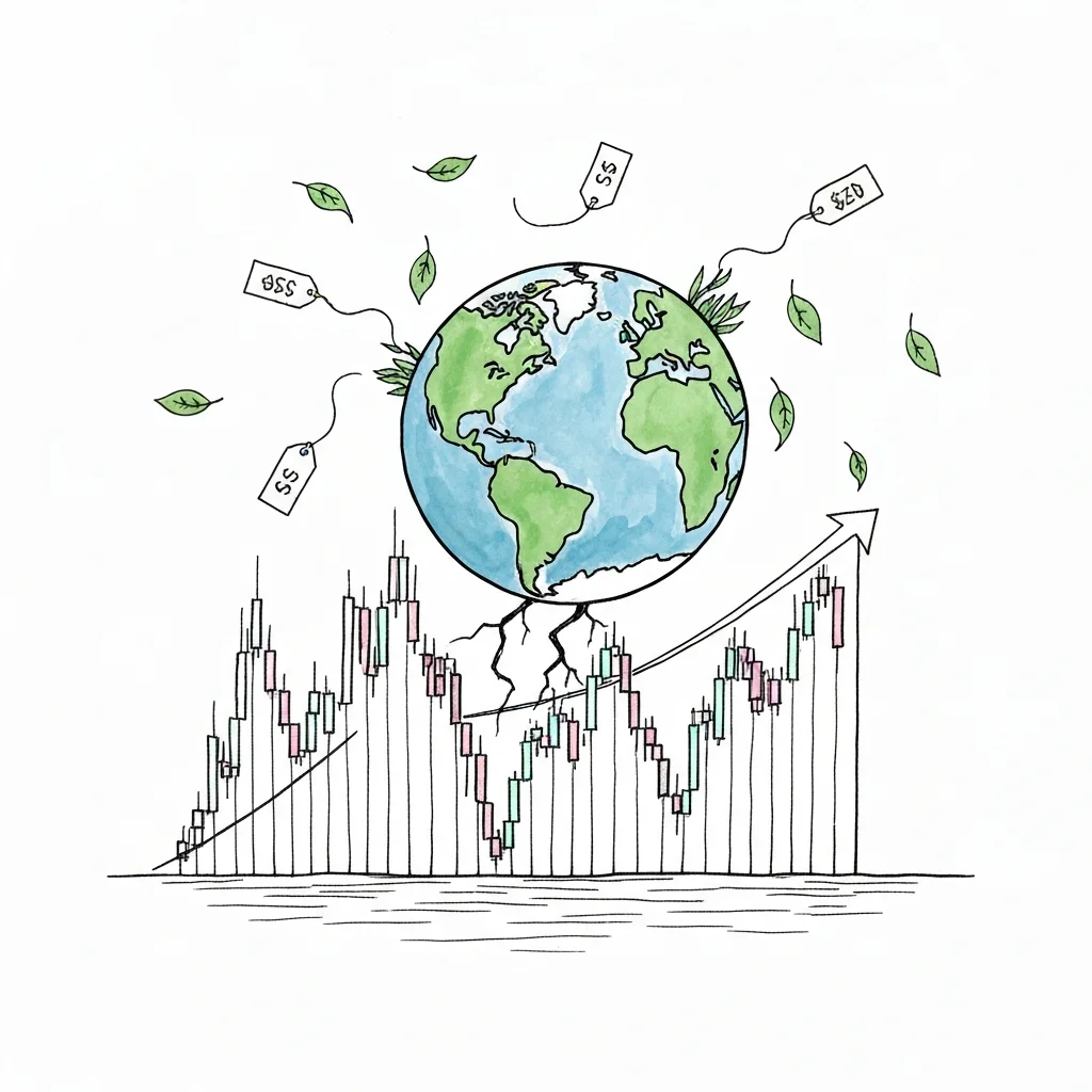 Cracked Earth on stock graph. Price tags float.