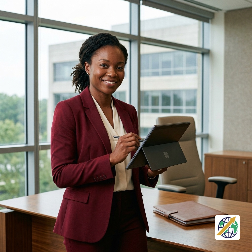 Administrative officer using digital tools to manage an office taskFeatured Image Description: A realistic editorial scene showing one Nigerian administrative officer in an established professional office using a digital administrative tool to review and manage a work task. The visual should communicate task handling and office administration without resembling a generic person sitting at a computer.Featured Image Title: Administrative Digital Tools