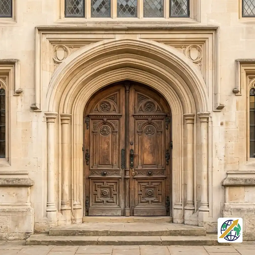 Historic wooden entrance archway of an administrative intake building
Featured Image Description: Carved wooden double doors of a stone administrative hall framed by an arched limestone entrance in warm morning sun.
Featured Image Title: Administrative Submission Portal Entrance