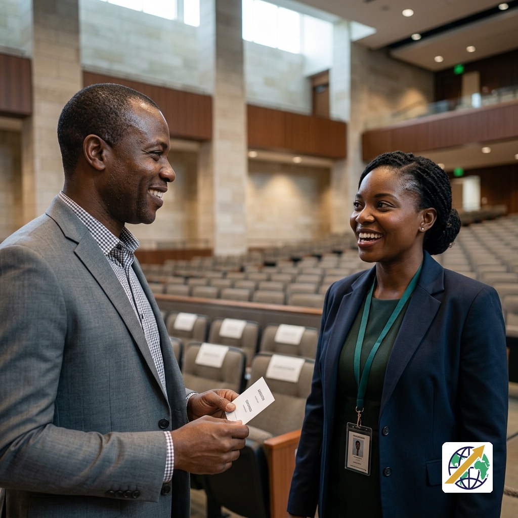 Registration officer welcoming a participant during a formal booking processFeatured Image Description: A realistic editorial reconstruction showing two Nigerian professionals at a substantial institutional reception counter during a formal registration process. One participant has a natural welcome smile and inviting expression while presenting a registration document to an officer. The scene represents organised booking and registration without relying on a computer or small-business setting.Featured Image Title: Booking and Registration Platforms
