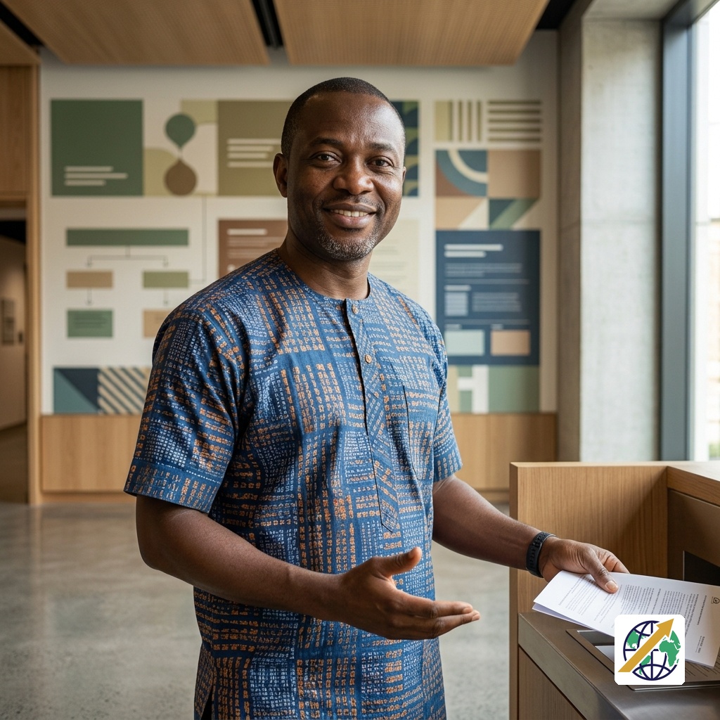 Nigerian citizen presenting information at a professional civic engagement centreFeatured Image Description:
A realistic editorial scene inside a substantial Nigerian civic or institutional environment, showing one Nigerian adult presenting information at a clearly defined public engagement point. The setting represents citizen enquiries, reports, consultations and public feedback without depicting computer operation.Featured Image Title:
Citizen Engagement Portals