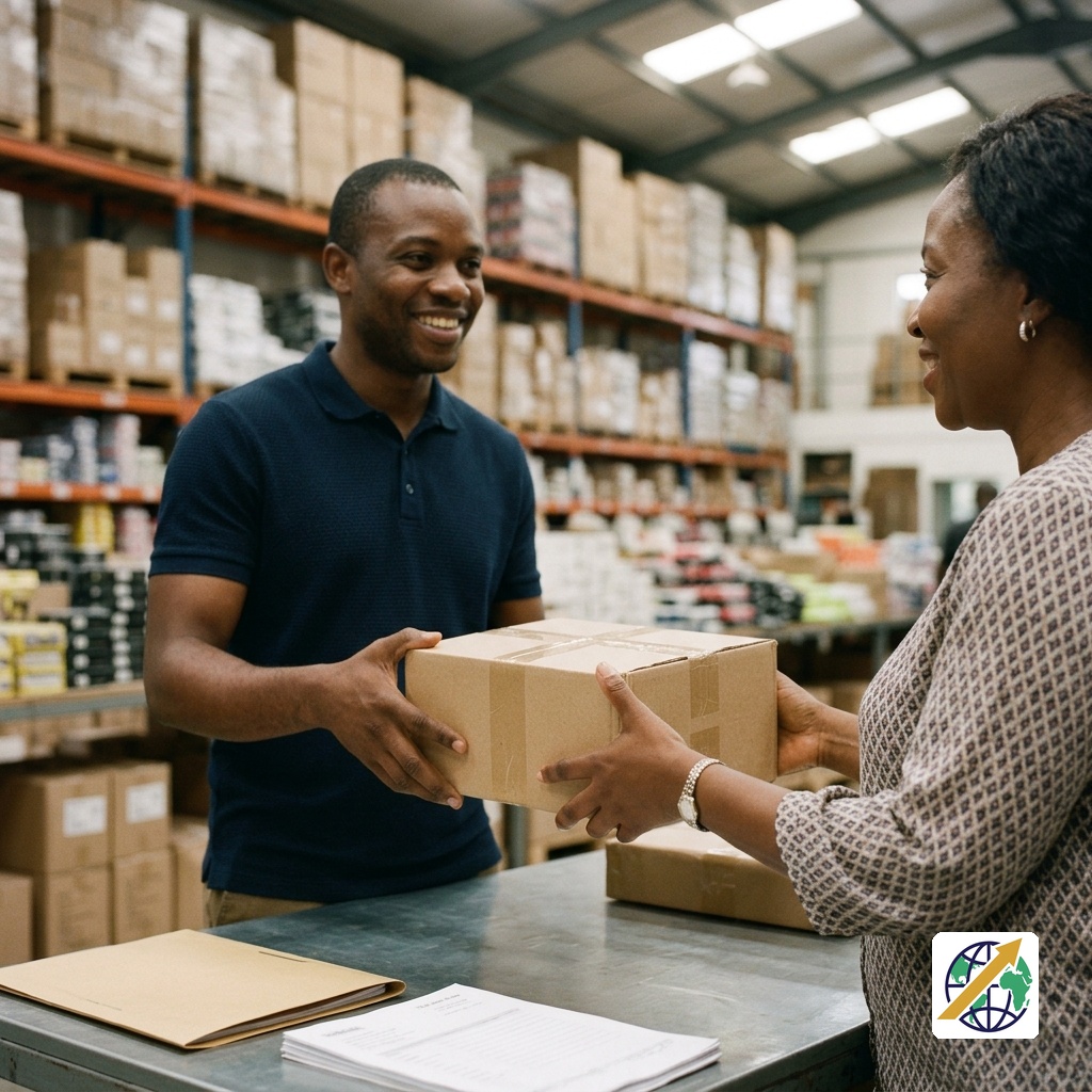 Commerce representative welcoming a buyer in a professional sales environmentFeatured Image Description: A realistic editorial scene showing one Nigerian commerce representative with a warm welcoming smile and inviting expression while assisting one buyer in an established commercial environment. Product packages and transaction materials establish the setting. No computer, digital screen, text, logo, watermark, flower pots, tea cups or clustered people appear.Featured Image Title: Commerce Platforms for Buying and Selling
