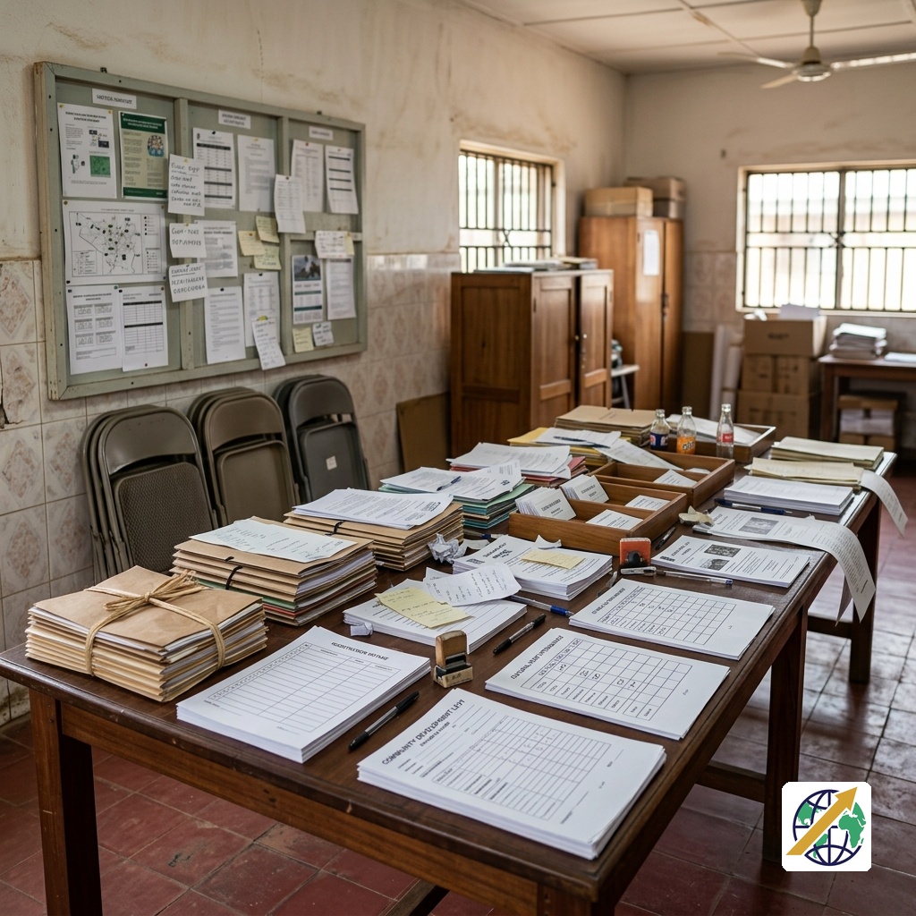 Community programme materials arranged on a coordination table in a Nigerian community centreFeatured Image Description:
A realistic editorial photograph inside a substantial Nigerian community centre, showing a large physical coordination table with neatly arranged programme materials, registration sheets, event cards, facility-use documents and other tangible items associated with community activities. No person is present. The scene focuses entirely on the physical materials used to coordinate local programmes and participation.Featured Image Title:
Community Service Platforms