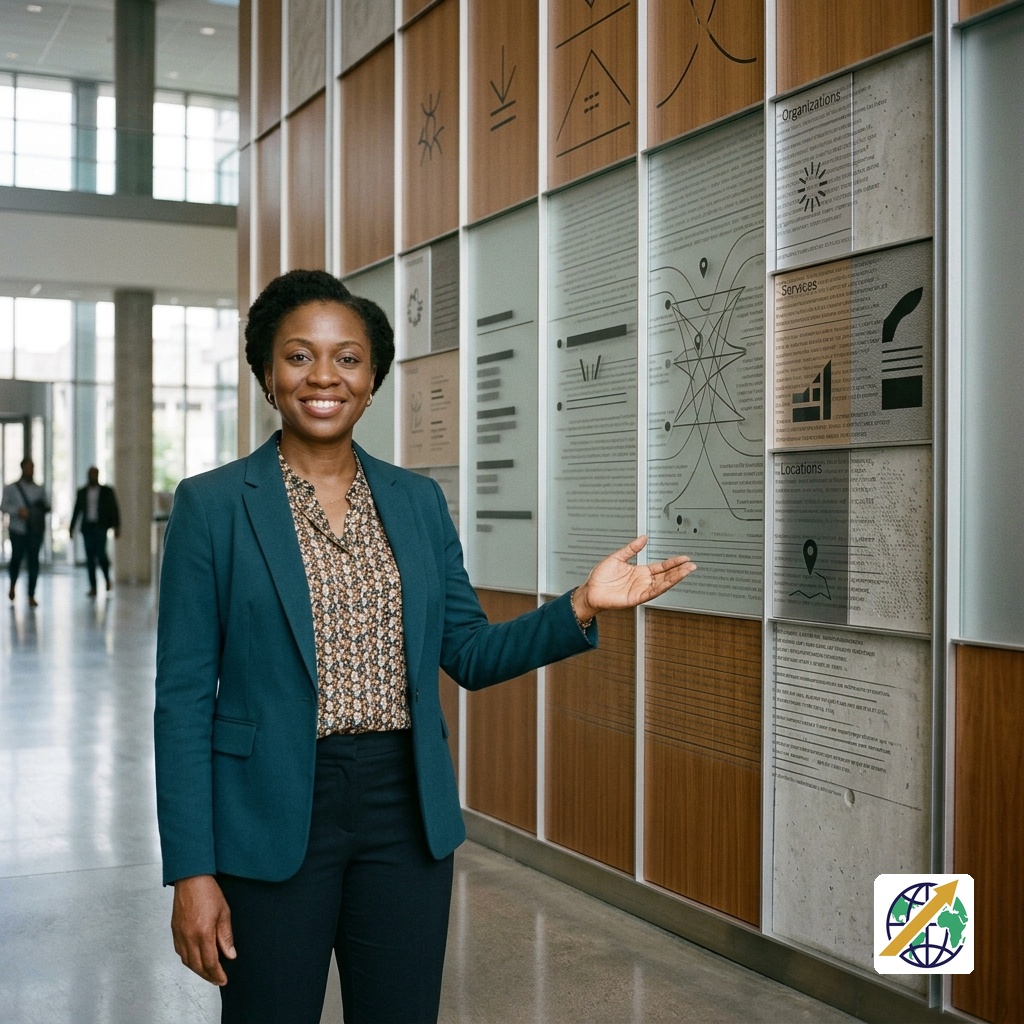 Professional woman welcoming visitors beside a large directory display in a corporate information centreFeatured Image Description:
A realistic editorial scene in a substantial Nigerian corporate or institutional information centre, with a professionally dressed Nigerian woman offering a warm welcome beside a large physical directory display. The scene represents organised listings and information discovery without depicting computer use.Featured Image Title:
Directory Platforms