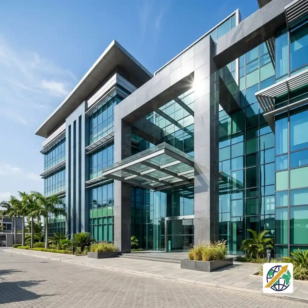 Modern commercial business building entrance in Lagos during morning daylight
Featured Image Description: Clean wide-angle exterior architectural view of a glass and granite commercial office entrance in soft morning light.
Featured Image Title: Enterprise Business Building Architecture