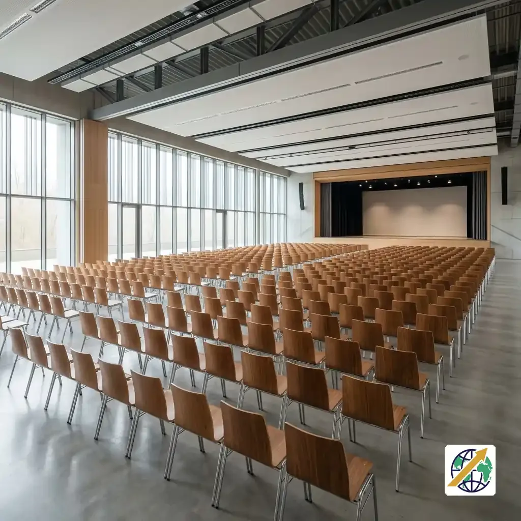 Empty modern event auditorium with arranged seating illuminated by natural light
Featured Image Description: Interior perspective of an empty modern event hall with neatly arranged rows of seats facing a quiet stage in soft side sunlight.
Featured Image Title: Event Hall Booking Capacity