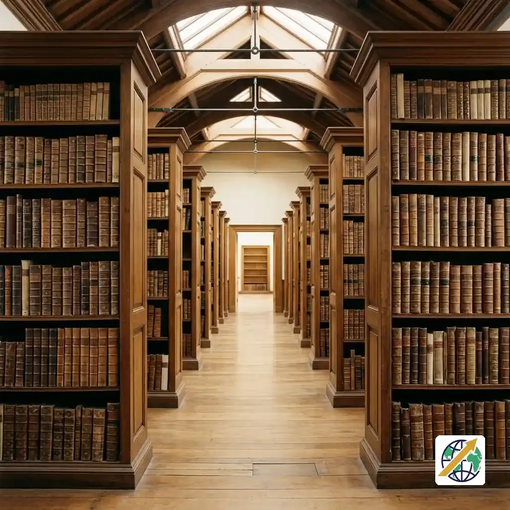 Sunlit central aisle of an archival vault filled with historic book spines
Featured Image Description: Perspective view looking down a sunlit archive corridor between tall mahogany bookcases holding leather-bound registries.
Featured Image Title: Institutional Records Repository Archive