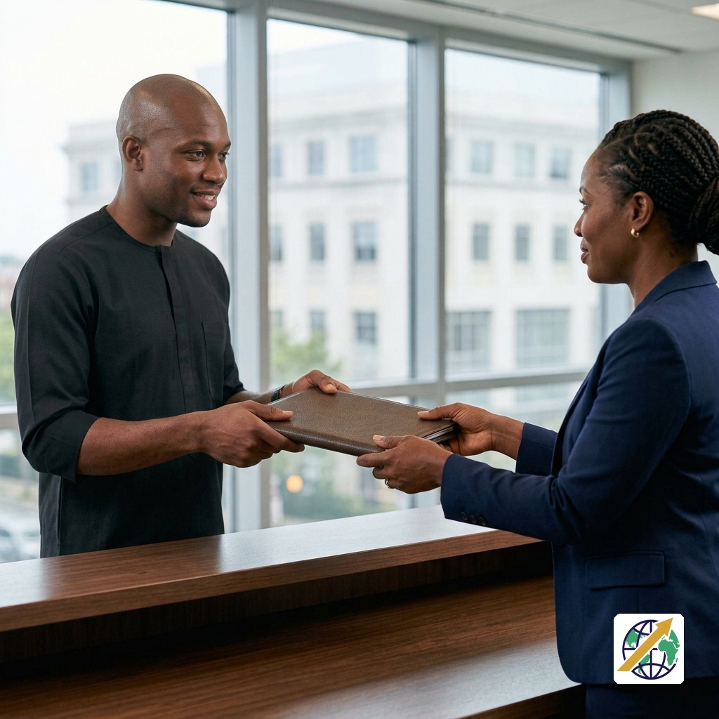 Applicant submitting documents through a formal application process
Featured Image Description: A realistic editorial reconstruction showing one adult Nigerian applicant presenting a prepared application folder across a formal reception counter to one professional administrative officer. The scene represents the submission of an application into a formal process, with the people and physical documents carrying the visual meaning rather than a computer.
Featured Image Title: Application and Submission Platforms