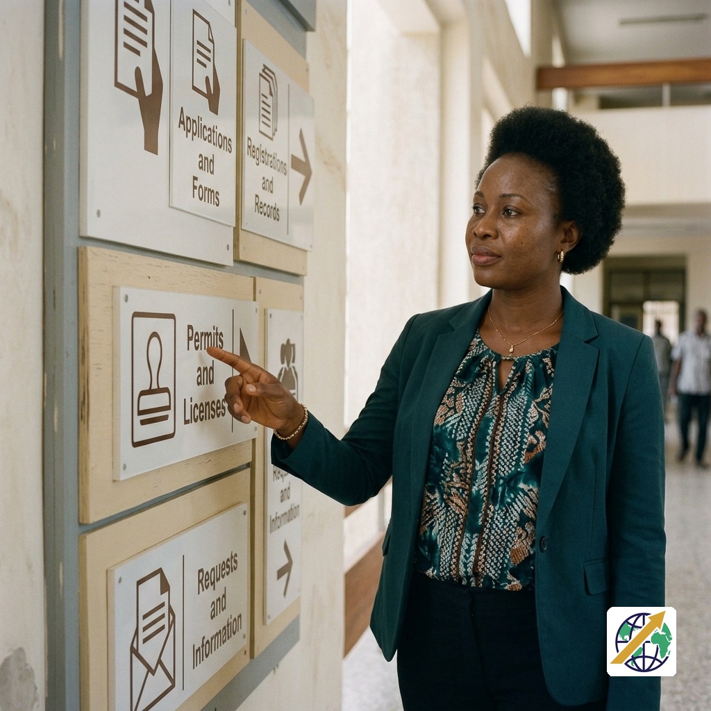Nigerian public service officer reviewing government service information in an institutional buildingFeatured Image Description:
A realistic editorial photograph inside a substantial Nigerian public administration building, showing one professionally dressed Nigerian public service officer beside a large physical public-service information installation. The installation contains separate visual sections representing government services, applications, requests and administrative information through restrained physical graphics. The environment communicates organised access to public services through a credible institutional setting.Featured Image Title:
Public Service PlatformsImage Slug:
public-service-platforms