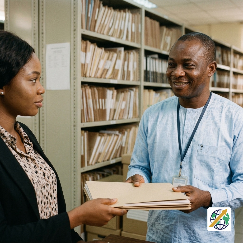 Records officer receiving a classified document in a professional institutional settingFeatured Image Description: A realistic editorial scene inside a substantial institutional records environment, showing one professional records officer receiving a document folder from another adult professional. The physical records, filing arrangement and institutional setting communicate record classification, custody and retrieval without relying on computer use.Featured Image Title: Records Management Platforms