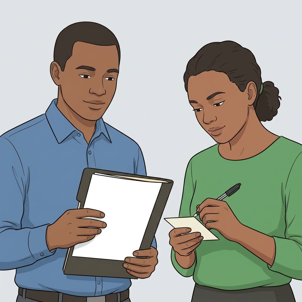 A reviewer writing an assessment note on an application sheet while an applicant waits nearby.Featured Image Title: Writing a Review Note