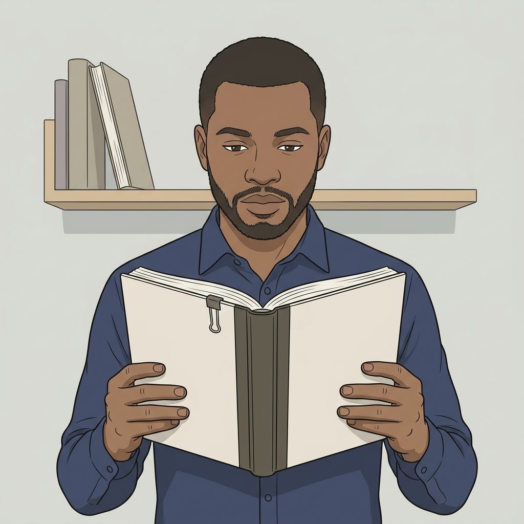 A reader standing and holding a thick bound manuscript draft open in both hands, reading it as one document.Featured Image Title: Reading the Whole Manuscript
