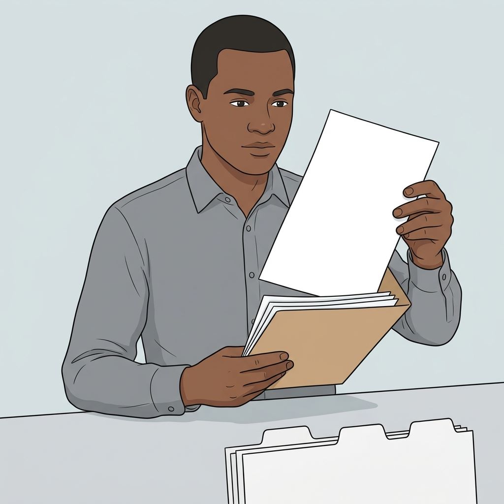 A staff member sorting business registration forms from an open folder before adding them to a searchable list.Featured Image Title: Sorting Business Registration Forms
