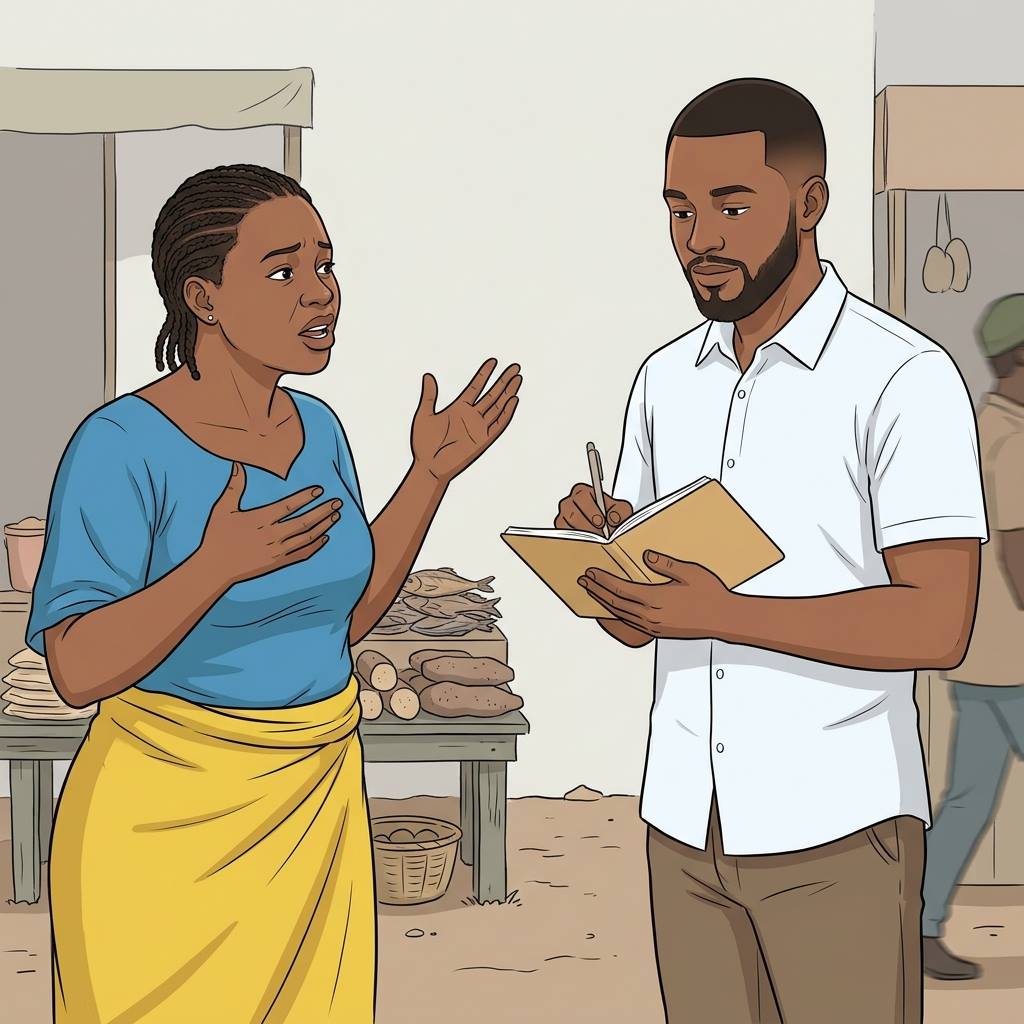 A market trader speaking to a ward officer who writes down her complaint while other traders pass behind them.Featured Image Title: Taking a Complaint at the Market