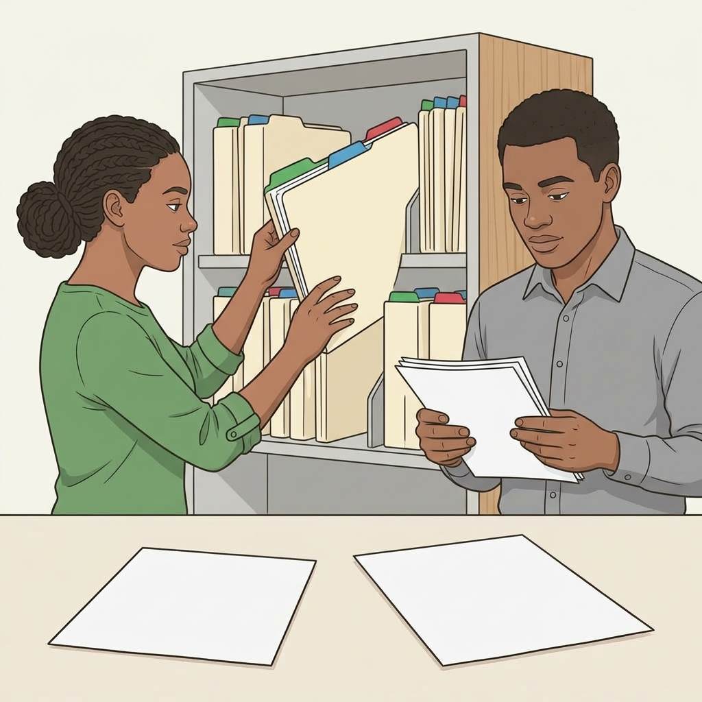 A staff member filing a record into a labelled category tray on a records shelf while a colleague checks the scheme list.Featured Image Title: Filing into a Category Tray