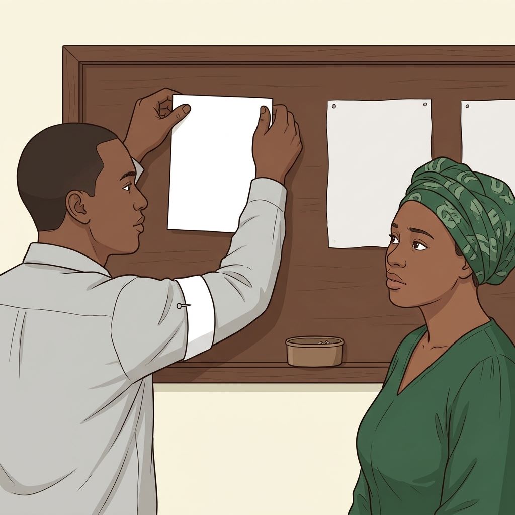 A government officer updating a published fee list on a notice board while a citizen reads the older printed notice beside it.Featured Image Title: Updating the Published Notice