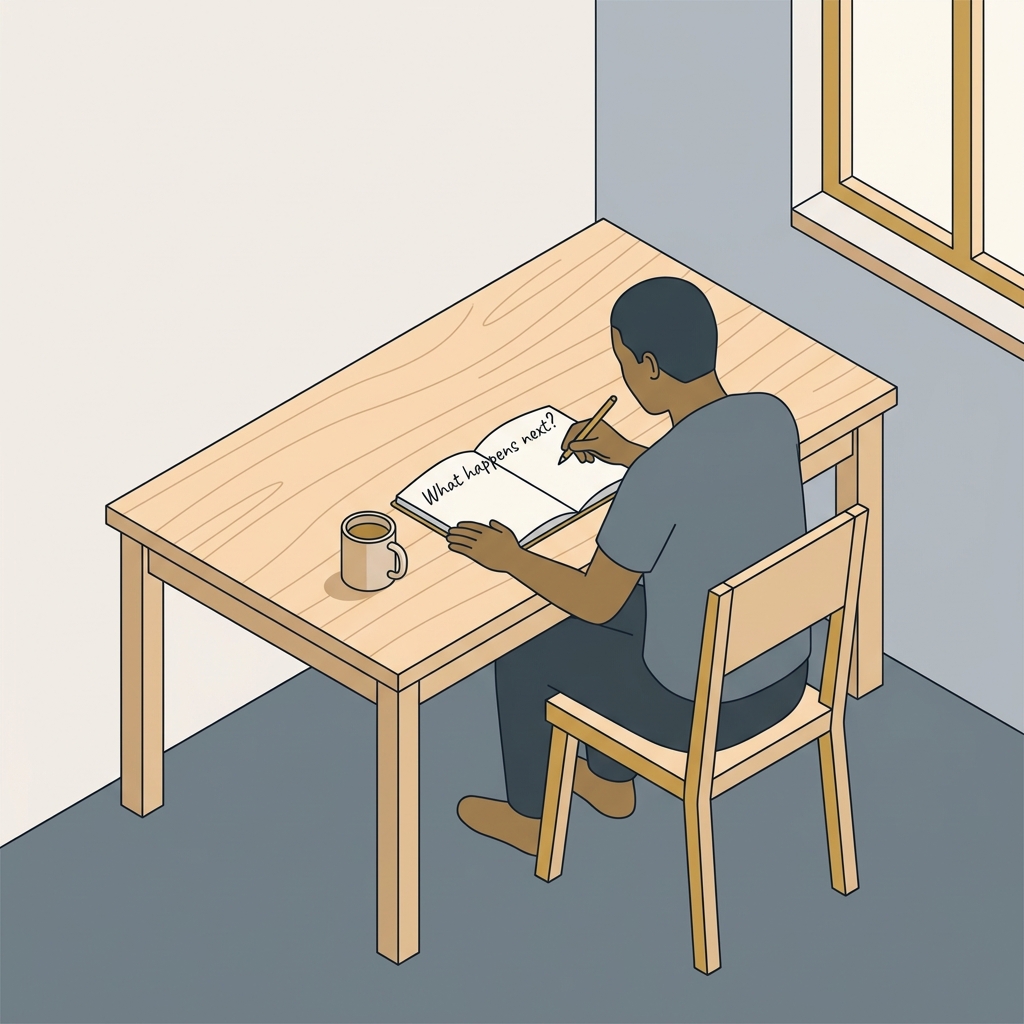 Isometric illustration of one figure writing in an open notebook at a wooden desk