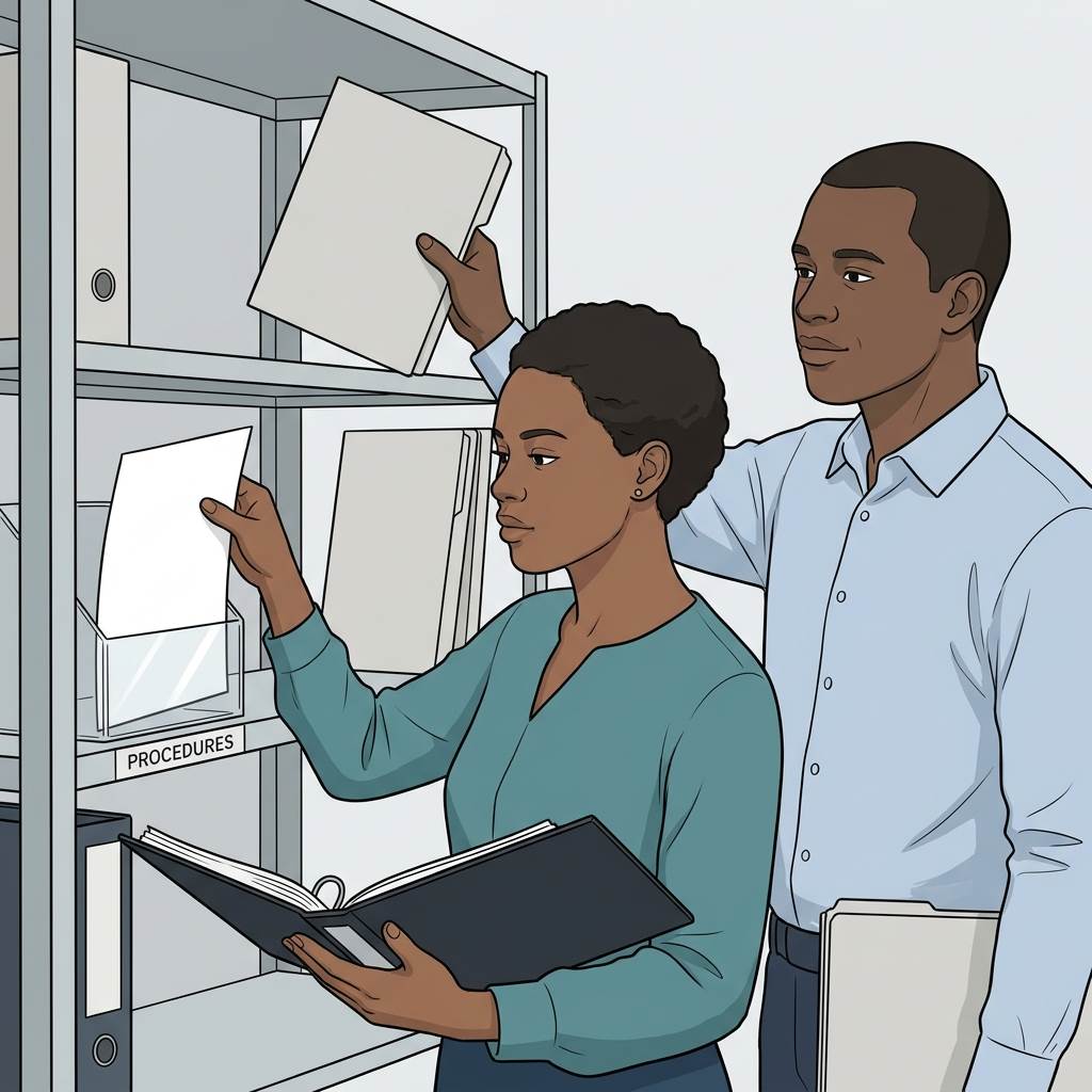 A staff member filing a procedure into a labelled binder section while a colleague reaches for an older article from the same shelf.Featured Image Title: Filing a Written Procedure
