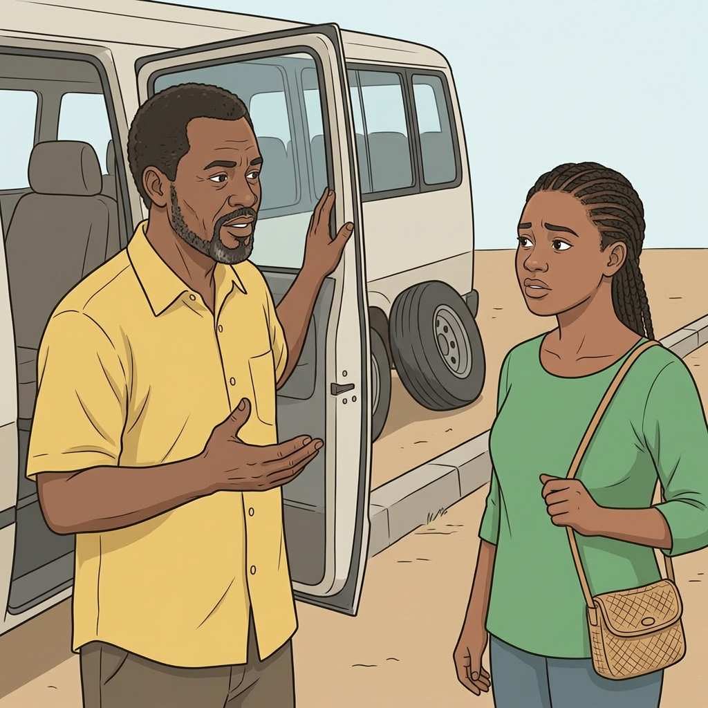 A driver at a motor park explaining road conditions to a passenger, one hand raised to show the journey time in the rains.Featured Image Title: Explaining Road Conditions