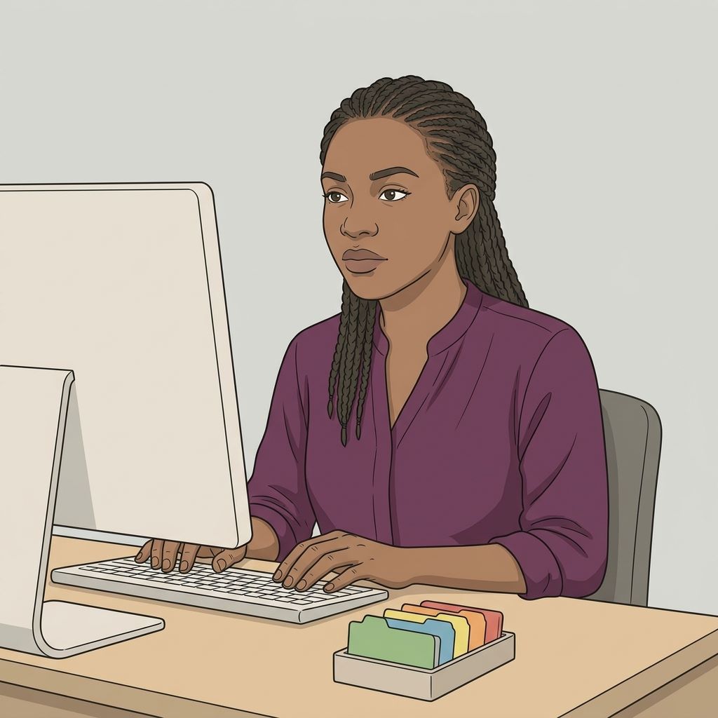 A records administrator seated at a computer workstation with the screen turned away, working through routine record upkeep.Featured Image Title: Routine Record Administration