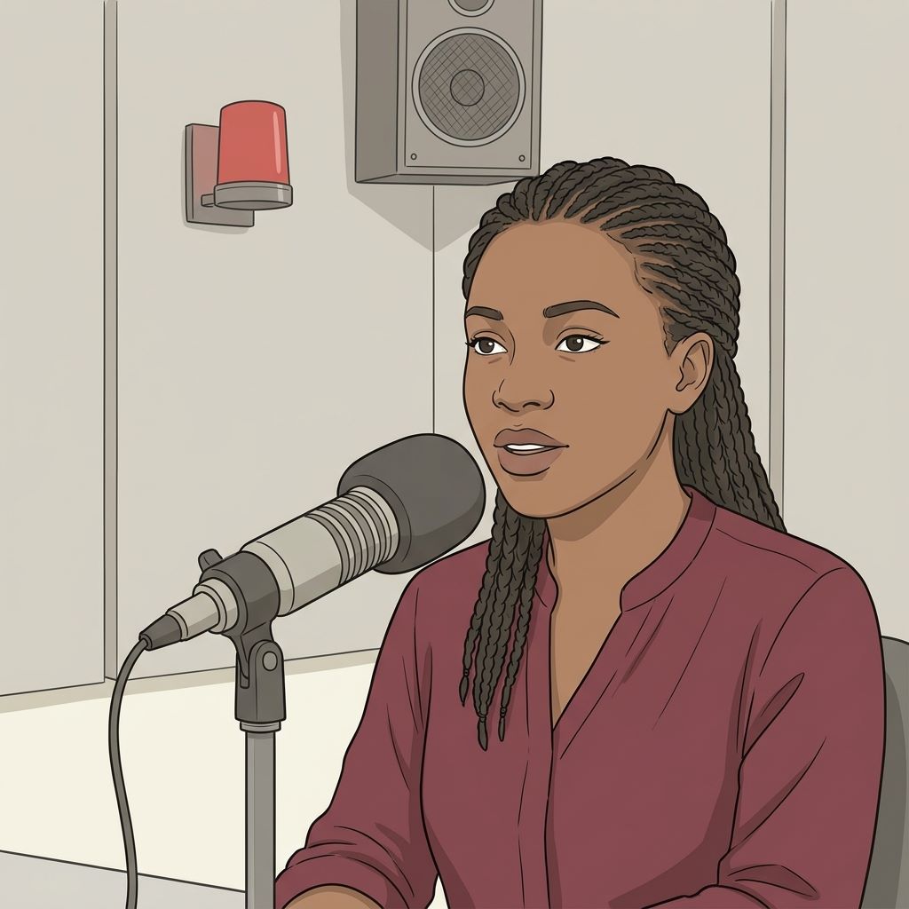 A radio studio presenter reading a news bulletin into the microphone while a monitor records the broadcast.Featured Image Title: Recording a Radio Bulletin