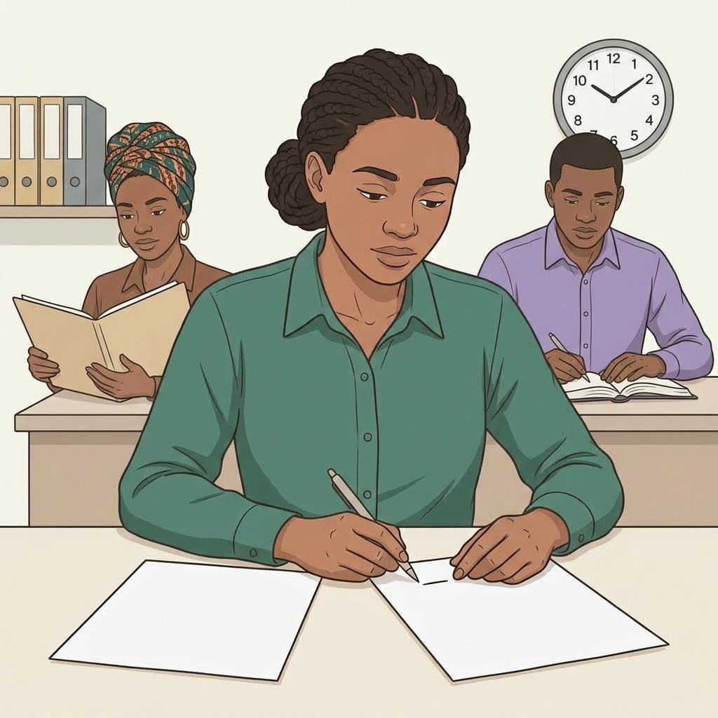 A woman arriving at a public office counter with the required documents and payment ready while the officer checks her file.Featured Image Title: Arriving Prepared at the Counter