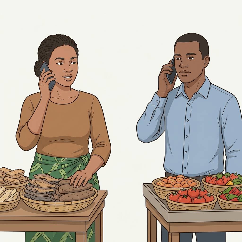 Two traders in different parts of a market speaking on phones to compare prices for the same goods.Featured Image Title: Comparing Prices by Phone